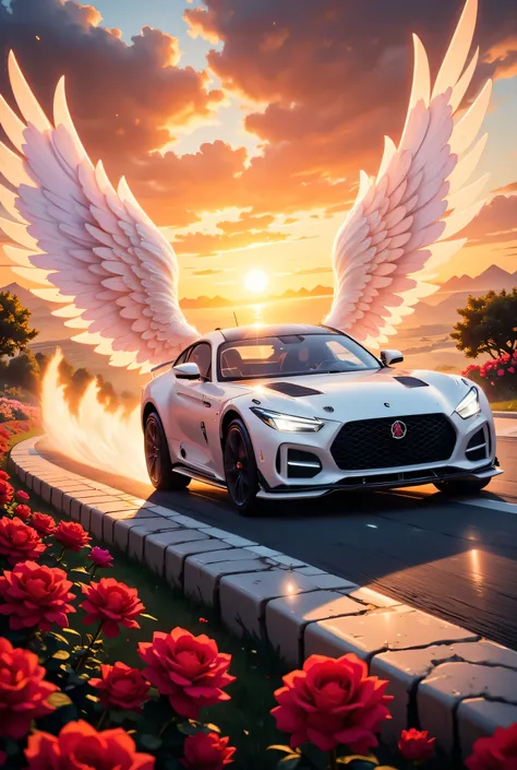 there is a white racing car on a race track, the car has white angel wings, roses along the track, the sun is setting behind the car, zavy-ctcmcs, w1n