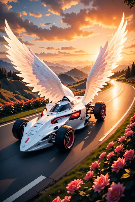 there is a white F1 racing car on a race track, the car has white angel wings, roses along the track, the sun is setting behind the car, zavy-ctcmcs, w1n