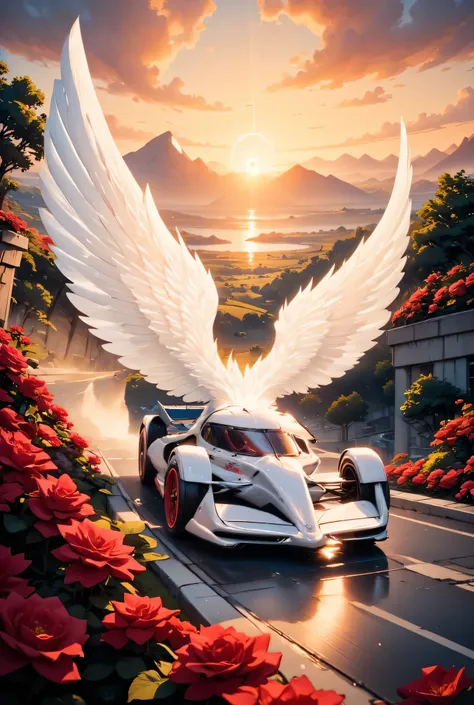 there is a white F1 racing car on a race track, the car has white angel wings, roses along the track, the sun is setting behind the car,  zavy-ctcmcs, w1n