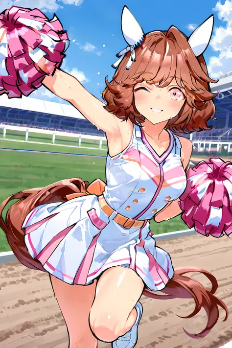 haiseiko \(umamusume\),(((masterpiece))),(((detailed)))((best quality)),((hyper detailed)),(beautiful),((shinythighs)),(((shiny skin))),(high quality skin),((8k)),((high resolution)),pink and white color cheerleader, holding large pom-poms in both hands, d...
