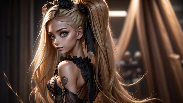 ((1 girl, solo)), ((one goth girl standing with her back toward you)), nude except for an see-through baby-doll lingerie posing for a picture, ((dark makeup)), sydney sweeney, dark tan, smiling, skinny, petite, 18 years old, long blonde hair and large eyes...