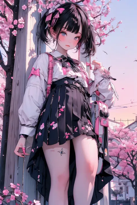masterpiece, 最high quality, super detailed,A girl with an embarrassed expression, jirai fashion, flip flops, Skirt upskirt, The skirt flutters,cherry tree,sandy beach background with cherry blossom space, Sunset, high quality, Photographer Artwork, 4K, HDR...