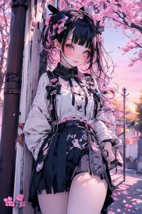 masterpiece, 最high quality, super detailed,A girl with an embarrassed expression, jirai fashion, flip flops, Skirt upskirt, The skirt flutters,cherry tree,sandy beach background with cherry blossom space, Sunset, high quality, Photographer Artwork, 4K, HDR...
