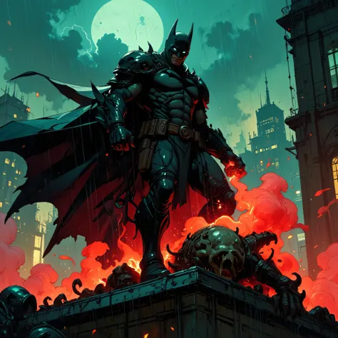A highly detailed, dramatic digital illustration in dark comic book style, featuring a powerful, masked vigilante hero standing on a rooftop at night, bathed in rain and smoke. The hero wears an advanced, armored tactical suit with defined musculature, car...