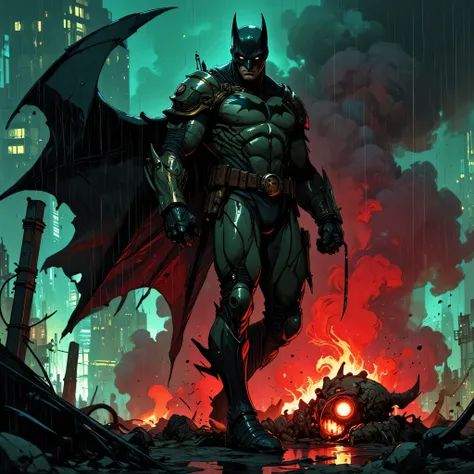 A highly detailed, dramatic digital illustration in dark comic book style, featuring a powerful, masked vigilante hero standing on a rooftop at night, bathed in rain and smoke. The hero wears an advanced, armored tactical suit with defined musculature, car...
