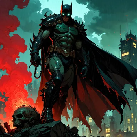 A highly detailed, dramatic digital illustration in dark comic book style, featuring a powerful, masked vigilante hero standing on a rooftop at night, bathed in rain and smoke. The hero wears an advanced, armored tactical suit with defined musculature, car...