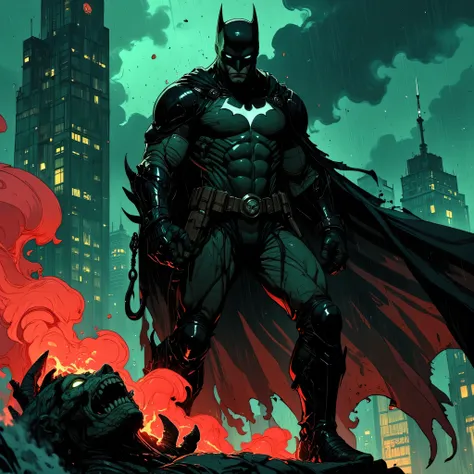 A highly detailed, dramatic digital illustration in dark comic book style, featuring a powerful, masked vigilante hero standing on a rooftop at night, bathed in rain and smoke. The hero wears an advanced, armored tactical suit with defined musculature, car...