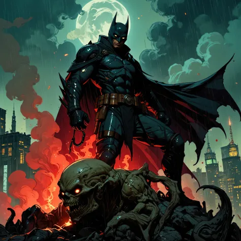 A highly detailed, dramatic digital illustration in dark comic book style, featuring a powerful, masked vigilante hero standing on a rooftop at night, bathed in rain and smoke. The hero wears an advanced, armored tactical suit with defined musculature, car...