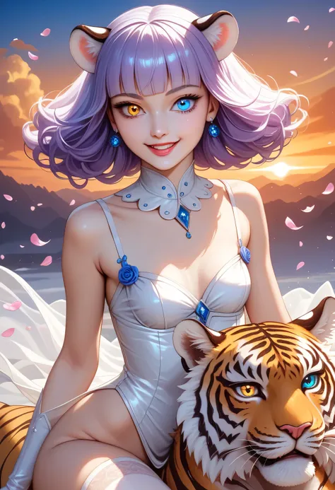 Best quality, 8K, best quality, masterpiece, ultra-realistic, realistic woman, ((riding a big white tiger with odd eyes)), ((a high school girl with odd eyes)), ((heterochromia, golden eyes, blue eyes)), ((shining exquisite eyes)), (very narrow eyes), (lon...