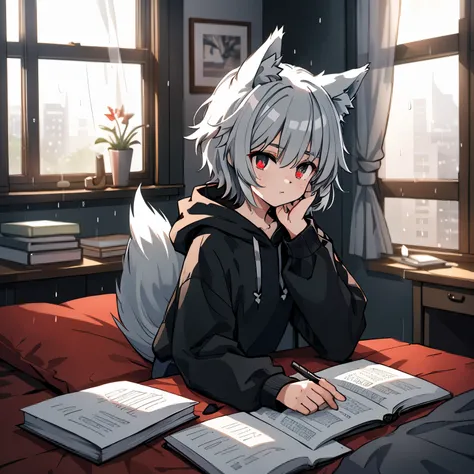 Character: 1boy, light_gray_short_hair, wolf_ears, wolf_tail, sharp_eyebrows, red_iris, black_vertical_pupils, expressionless, black_hoodie, white_shorts, sitting_on_the_bed, staring_outside_of_the_window, resting_his_chin_on_his_hand
Background: bedroom_w...