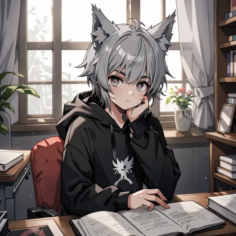 Character: 1boy, light_gray_short_hair, wolf_ears, wolf_tail, sharp_eyebrows, red_iris, black_vertical_pupils, expressionless, black_hoodie, white_shorts, sitting_on_the_bed, staring_outside_of_the_window, resting_his_chin_on_his_hand
Background: bedroom_w...