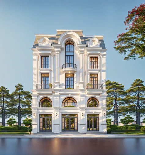 PLATEFORME KTHOUSE, Beaucoup de belles fleurs rouges le long de la route:1.3, Romantique, 1 maison de style néoclassique, La maison de ville est faite de murs blancs, Belle lumière, journée de beauté, ensoleillé, Beaucoup de bougainvilliers rouges le long ...