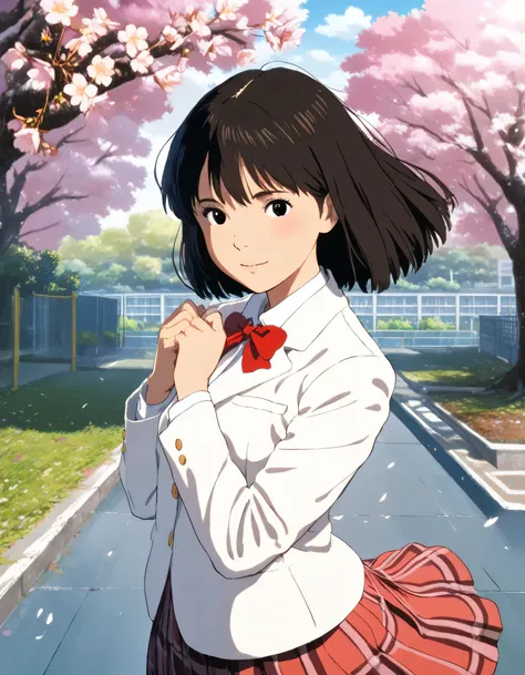 1girl, studio ghibli, year 2016, school uniform, white blazer, red check skirt, schoolyard, cherry blossom tree, masterpiece, high score, great score, absurdres, 16k, super detail
