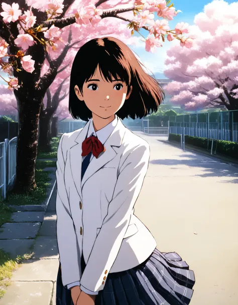 1girl, studio ghibli, year 2016, school uniform, white blazer, red check skirt, schoolyard, cherry blossom tree, masterpiece, high score, great score, absurdres, 16k, super detail