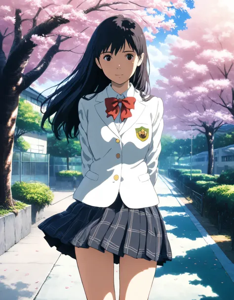 1girl, studio ghibli, year 2016, school uniform, white blazer, red check skirt, schoolyard, cherry blossom tree, masterpiece, high score, great score, absurdres, 16k, super detail