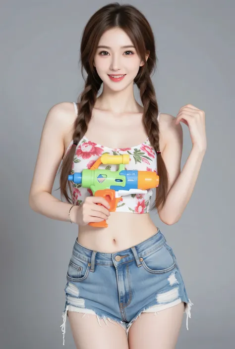 The Korean girl is elegant, with a sharp face, a bright smile, } Grastically hold the colorful water spray gun while the right hand closes its mouth in an excited gesture.. She wears a colorful floral cropped top and fitted short jeans, perfect for Songkra...