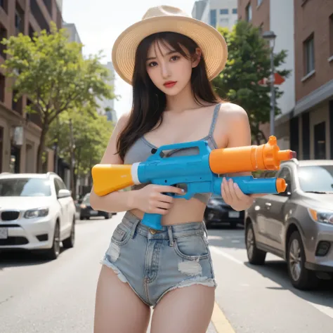 Sexy girl wearing a hat holding a toy spray gun