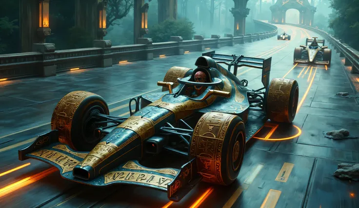 fantastical Formula 1-style racing machine, reimagined in a Dungeons & Dragons fantasy setting, vehicle is built from enchanted metals, dragonbone, glowing arcane crystals, sleek aerodynamic shape is adorned with magical runes and leather-bound armor plati...