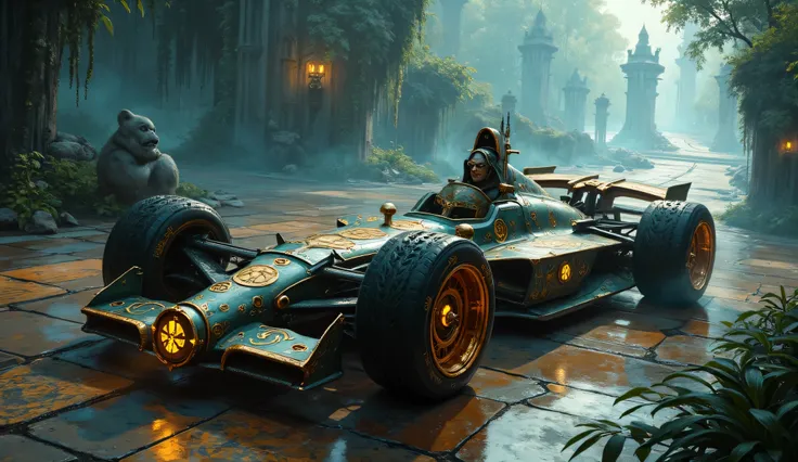 fantastical Formula 1-style racing machine, reimagined in a Dungeons & Dragons fantasy setting, vehicle is built from enchanted metals, dragonbone, glowing arcane crystals, sleek aerodynamic shape is adorned with magical runes and leather-bound armor plati...