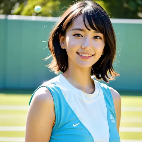 A young female tennis player in a sleek blue outfit stands ready, gripping her racket with both hands in a poised stance. Sunlight accentuates the crisp lines of her attire and the polished strings of the racket. Her determined gaze locks onto an unseen op...