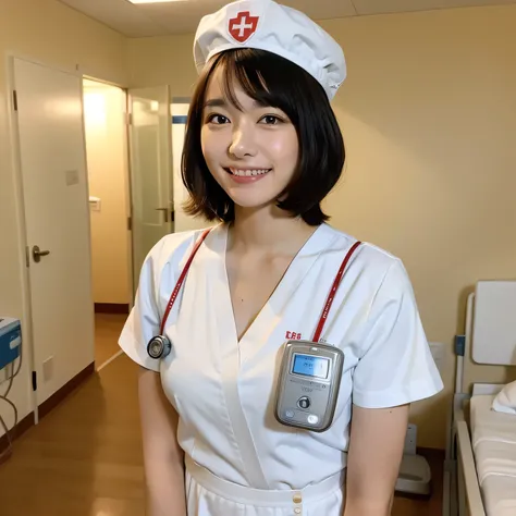 A breathtakingly beautiful 20-year-old woman stands in a warmly lit hospital room, dressed in a white mini-skirt nurse uniform with a matching cap. Her shy smile adds a touch of charm, while the surrounding medical equipment and furnishings create an authe...