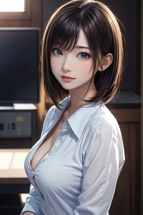 1girl, medium shot angle, wallpaper of extremely detailed CG unit, Digital painting, ((kawaii anime)), straight bob hair, large breasts, radiant skin glow, natural face lighting, wearing a business suit, dress shirt, (breasts, teasing glimpse), (masterpiec...