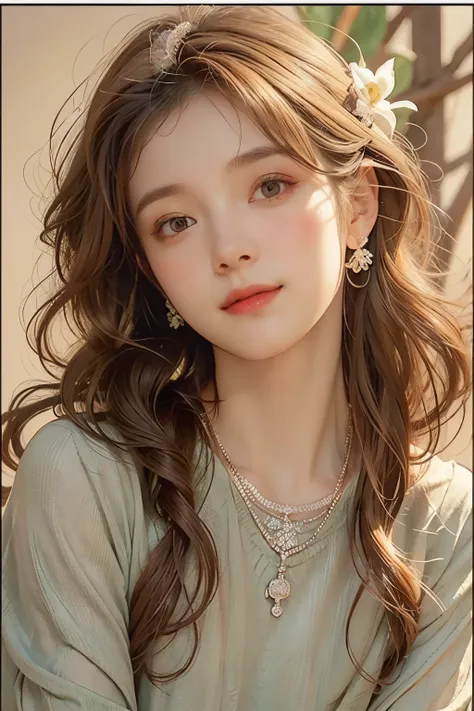 (delicate oil painting of a beautiful woman), rough touch, (small smile with a calm, gentle and bright expression), ((silver grey brown almost straight medium long hair!!)), ((close up)), shiny skin, glossy lips, ((casual pastel winter outfit)), (winter kn...