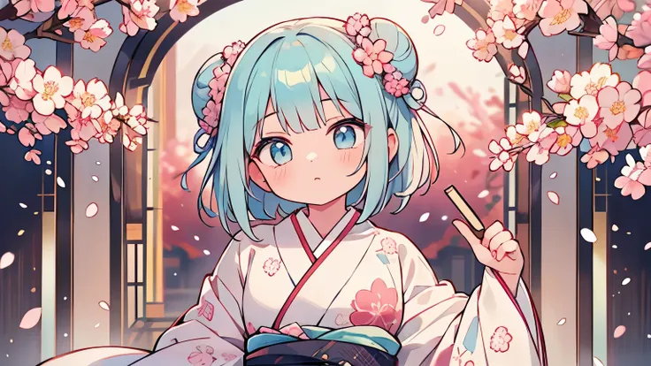 1 girl, finest, masterpiece, light blue hair, bob cut, ((2 buns on the side)), light blue eyes, delicate eyes, wearing cherry blossom pattern kimono, cute, pop
