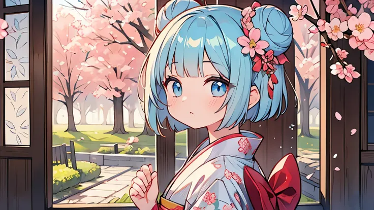 1 girl, finest, masterpiece, light blue hair, bob cut, ((2 buns on the side)), light blue eyes, delicate eyes, wearing cherry blossom pattern kimono, cute, pop