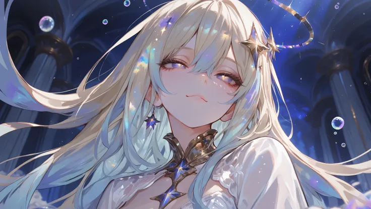 ((best quality)), (( masterpiece)), ((super detailed)), (illustration), (Detailed light ), (extremely fine and beautiful), a girl,  cute face, upper body,  two legs , Long skirt, (beautiful detailed eyes), I have stars in my eyes, messy floating hair, ligh...