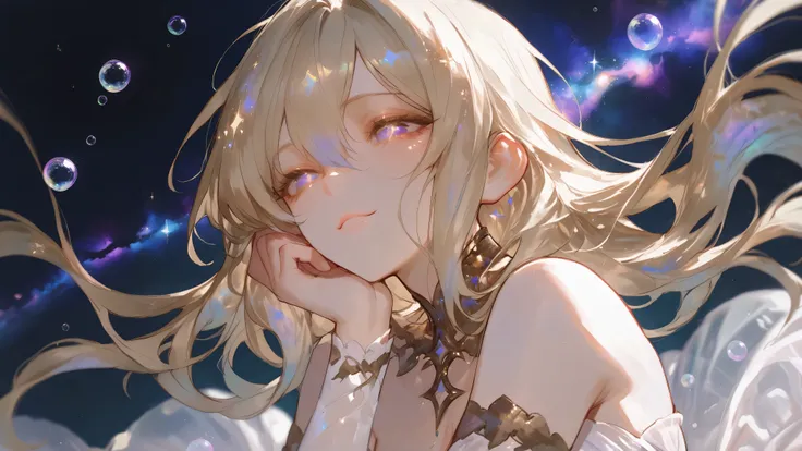 ((best quality)), (( masterpiece)), ((super detailed)), (illustration), (Detailed light ), (extremely fine and beautiful), a girl, cute face, upper body, two legs , See-through strapless long dress, (beautiful detailed eyes), I have stars in my eyes, mes...