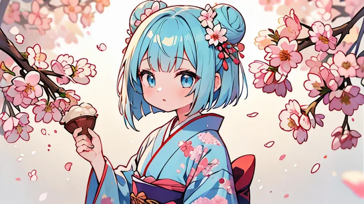 1 girl, finest, masterpiece, light blue hair, bob cut, ((2 buns on the side)), light blue eyes, delicate eyes, wearing cherry blossom pattern kimono, cute, pop