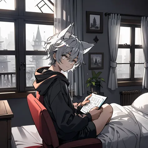 Character: 1boy, light_gray_short_hair, wolf_ears, wolf_tail, sharp_eyebrows, red_iris, black_vertical_pupils, expressionless, black_hoodie, white_shorts, sitting_on_the_bed, staring_outside_of_the_window, resting_his_chin_on_his_hand
Background: bedroom_w...