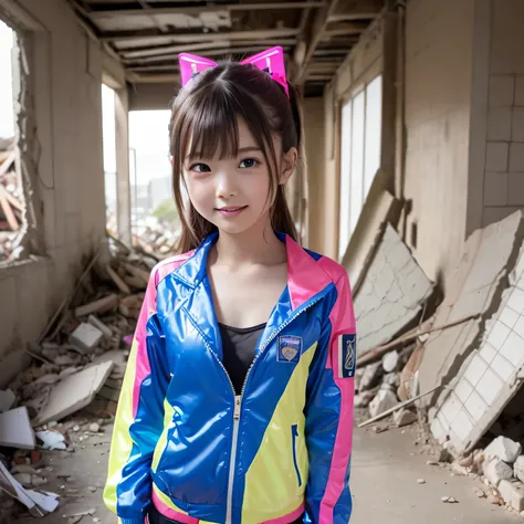 bright _ fantasy , cyberpunk,((( stained glass window )))、((( smooth, Straight Hair ))),(((Big Face))),(((Rubble Street ))),((( street scenery is buried in rubble ))), ( Best Quality , masterpiece),white, 1 girl with small breasts ,Mechanical Wonders ,T...