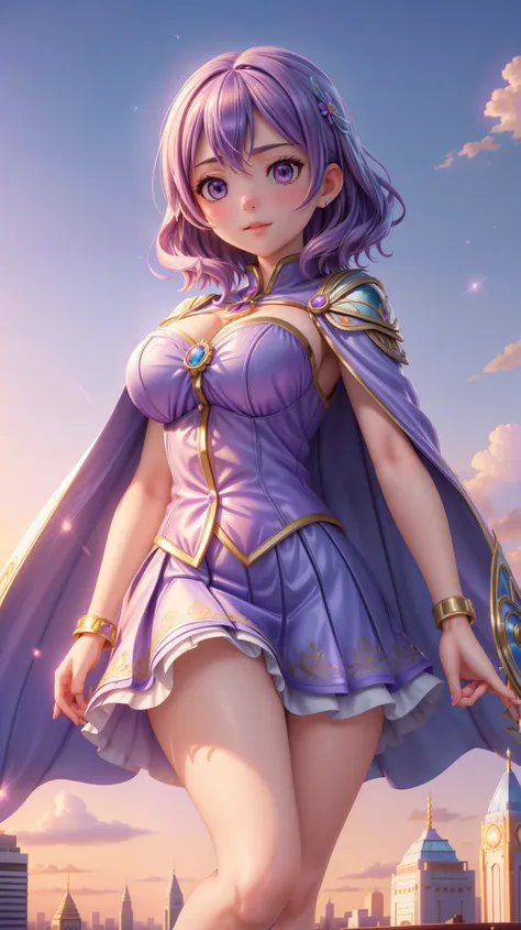 Ultra-realistic, hyper-detailed, 8K, photorealistic, vivid, masterpiece, shiny skin, firm skin, cute, slim body, very big hips, purple hair, blue-purple school uniform with short skirt and white blouse from Puella Magi Madoka Magica, knee-high white socks,...