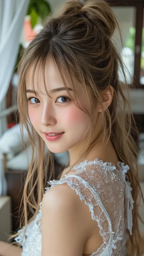 sparkling dream world, A seductive Bayonetta-inspired woman is leaning on a satin couch, her upper body tilts towards the viewer、creates an atmosphere of natural seduction. her long blond hair, sparkling white stripes, flows over her shoulders like silk, f...