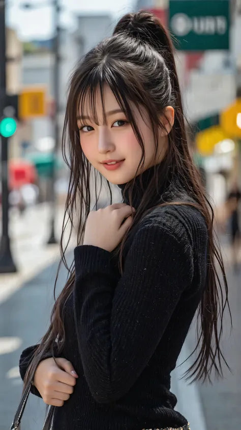 An alluring Japanese woman framed in an upper-body shot by a pro photographer, standing on a vibrant urban street with modern architecture glowing behind her. She wears a plush turtleneck sweater in rich ebony that clings softly to her torso, highlighting ...