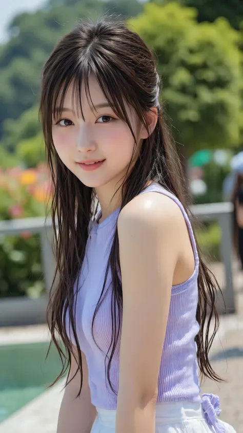 An elegant depiction of a young woman in a pale lavender short-sleeved uniform with an intricate button design and a folded skirt. her long dark hair flows naturally, in an outdoor garden scene with blurry greenery and soft sunlight shines in. She sits cal...