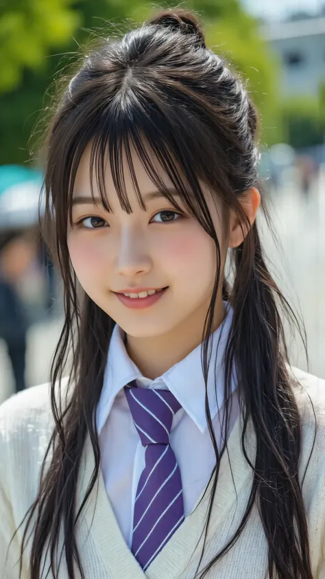 a quiet figure of a young woman in a school uniform, Purple striped tie, and、off-white cardigan. Her long black hair naturally hangs over her shoulders、facing the side with a quiet, confident expression.  in the background 、depicts a park scene with blurry...