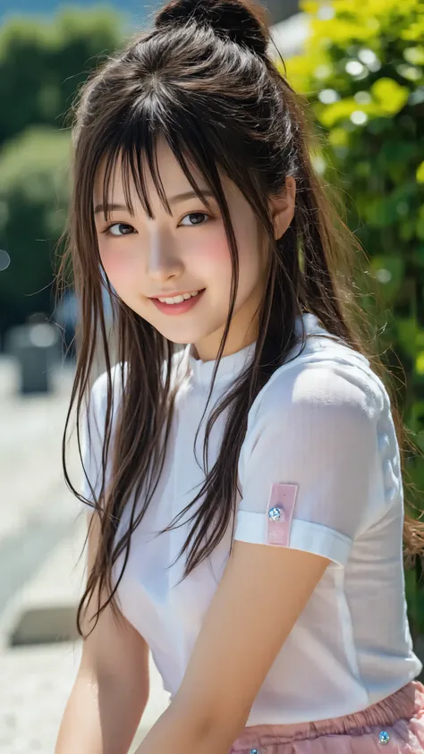 A realistic portrait of a young woman with long dark hair in a natural style, I'm wearing a short-sleeved uniform with pale pink silver button details and a matching skirt. She has a gentle smile and dark eyes, Sit back gracefully 、 staring at the viewer ....