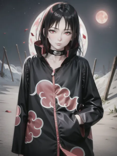 (masterpiece), (best quality), ultra high res, professional artwork, ultra detailed, intricate, detailed face, perfect lighting, 1girl, black hair, (red eyes), AKATSUKI OUTFIT, ninja, black cloak, black coat, high collar, collarbone, head, night, night sky...