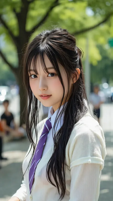 a quiet figure of a young woman in a school uniform, Purple striped tie, and、off-white cardigan. Her long black hair naturally hangs over her shoulders、facing the side with a quiet, confident expression.  in the background 、depicts a park scene with blurry...