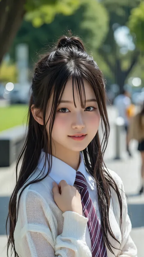 a quiet figure of a young woman in a school uniform, Purple striped tie, and、off-white cardigan. Her long black hair naturally hangs over her shoulders、facing the side with a quiet, confident expression.  in the background 、depicts a park scene with blurry...