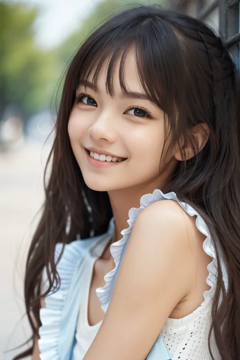masterpiece, best quality, raw photo, absurdres, award winning portrait, solo, beautiful girl, 18yo, 8k, looking at viewer, DSLR, rich color, natural, candid, white elegance eyelet ruffle sleeveless shirt, sophisticated, youthful, (thin arms, high detailed...
