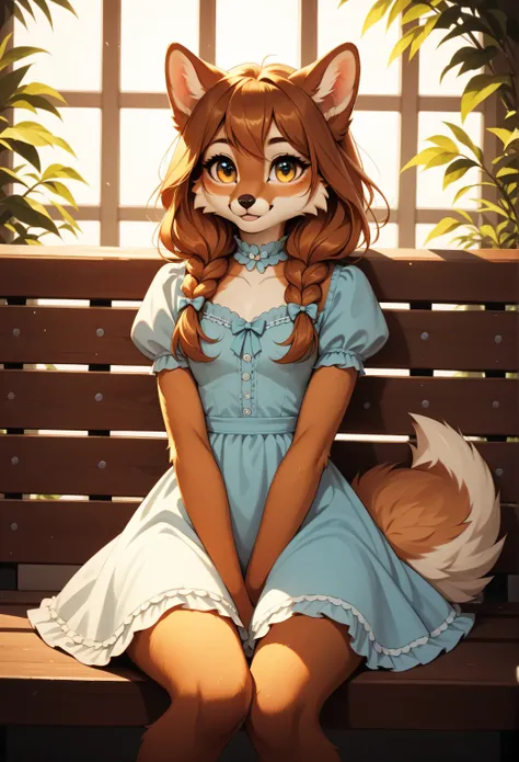 best quality,8k,ultra-detailed,furry woman,cute,cute face,beautiful detailed eyes,Cute dress, Cute outfit, , soft and fluffy fur, bright colors, vivid background, portrait style, golden lighting, sitting on a bench in a sexy pose
