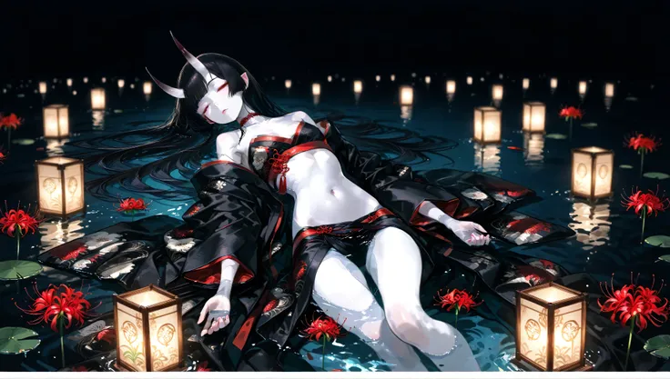 ((1girl)), girl, pale orbs are flying in the moonlight, Skinny girl, Floating lanterns、Wide shot, white skin、black hair、little oni horn、(solo focus)、Far-reaching、blurry background, Wearing a kimono with disheveled shoulders and hem, view from above、lying、r...