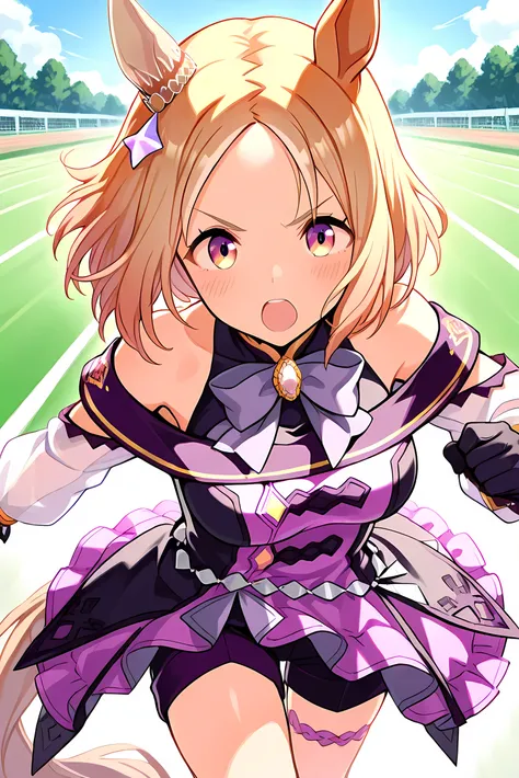 narita top road \(umamusume\),horse tail, short hair, animal ears, ear ornament, ear covers, single ear cover,purple dress, off-shoulder dress, purple bow, long sleeves, see-through sleeves, black gloves, purple shorts, thigh strap, bare shoulders,(((maste...