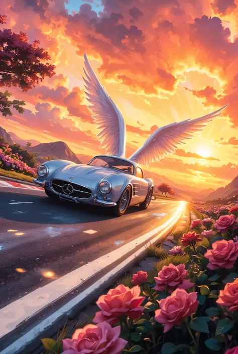 there is a white racing car on a race track, the car has white angel wings, roses along the track, the sun is setting behind the car, zavy-ctcmcs, Celestial Fantasy