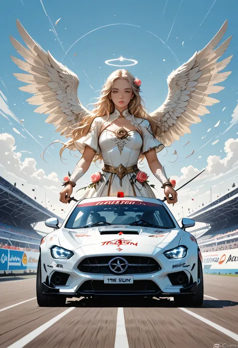 there is a white racing car on a race track, the car has white angel wings, roses along the track, the sun is setting behind the car, commix style, Celestial Fantasy, Cinematic Shot