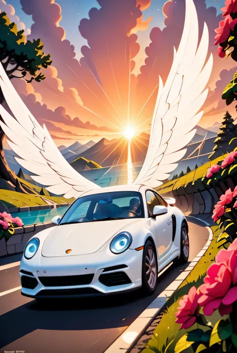 there is a white racing car on a race track, the car has white angel wings, roses along the track, the sun is setting behind the car, zavy-ctcmcs, w1n